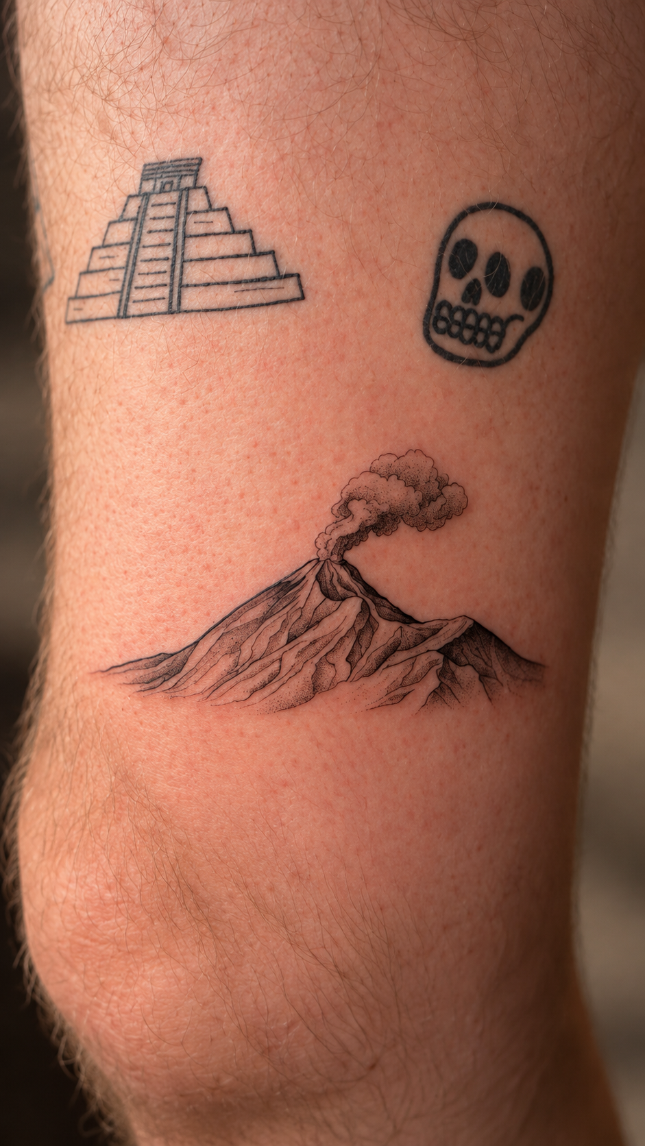 Fine line volcano tattoo by Fuego Sagrado